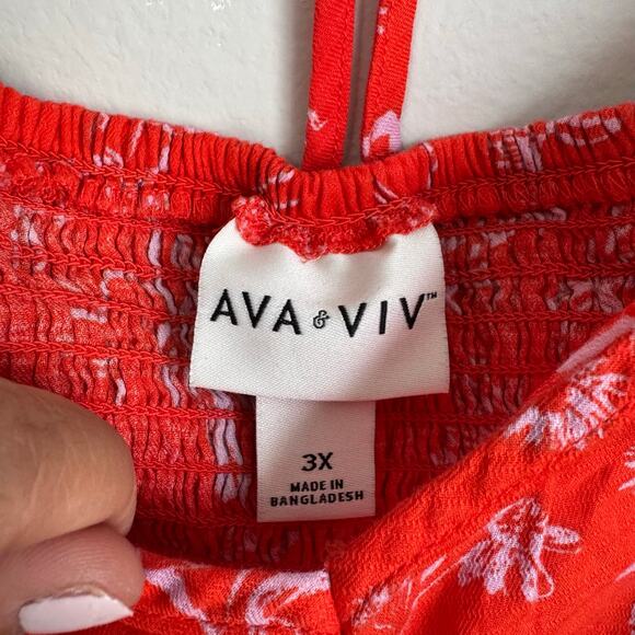 Ava & Viv Size 3X Red Floral Top Balloon Sleeve Smocked Flirty Coquette - Picture 2 of 11